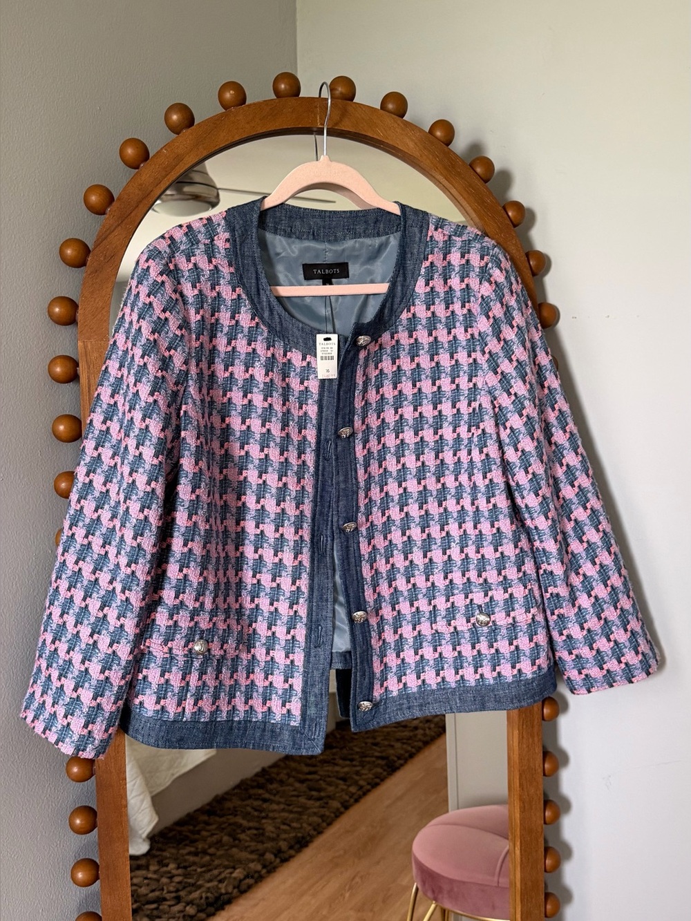Talbots Pink and Blue Houndstooth Tweed Collarless Jacket Coco Chanel style